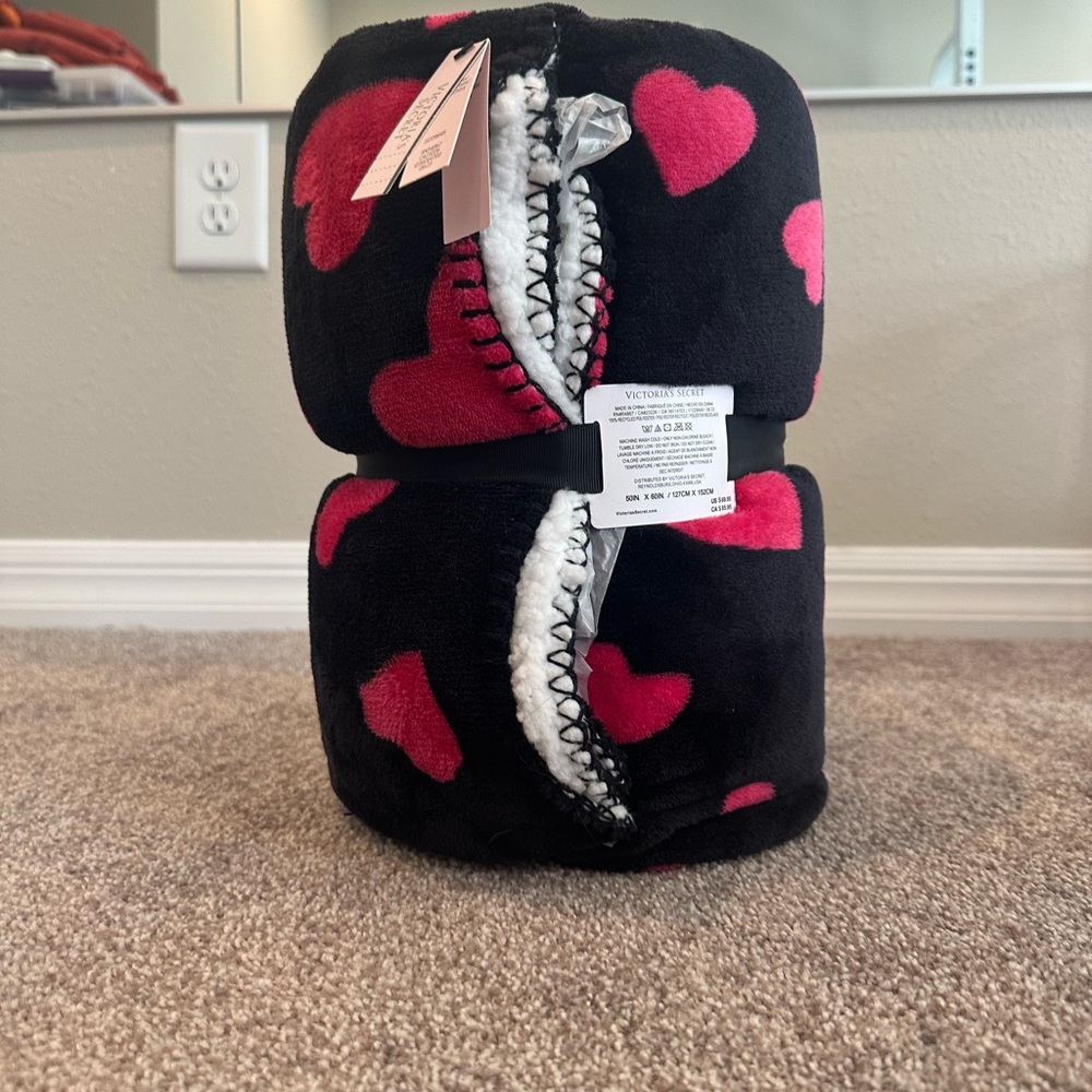 Victoria's Secret Plush Black and Red Heart Blanket